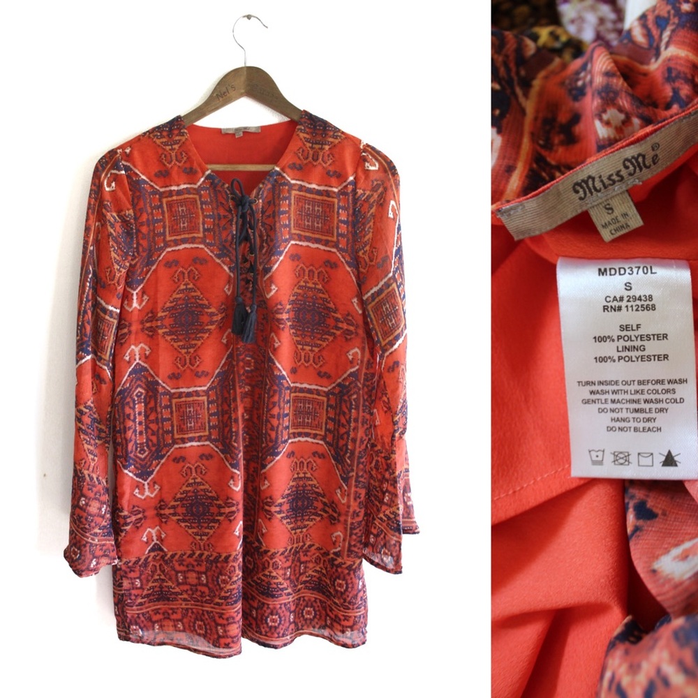 Miss Me Orange and Black Bold Print Bell Sleeve Dress Small